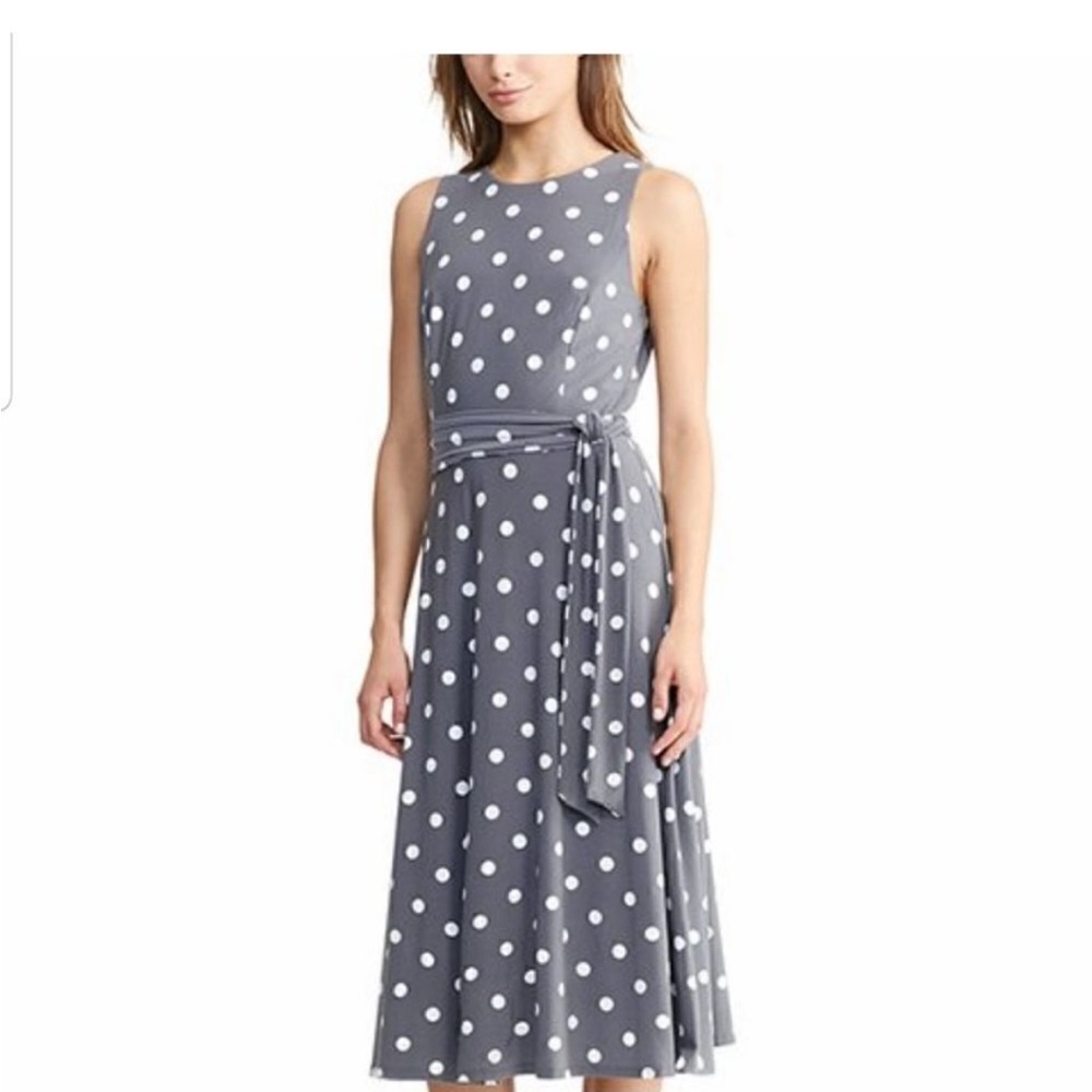 Ralph Lauren Sleeveless Gray Polka Dot Midi Dress with Waist Tie